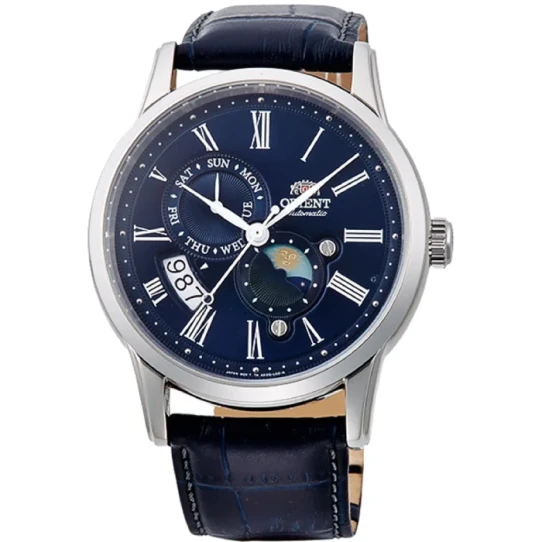 Мъжки ръчен часовник с механичен механизъм - корпус от Стомана - Естествена кожа - цвят Син Син