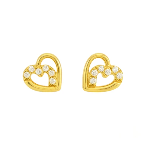Дамски обеци от 14K Злато Жълто - с форма Сърце - Цирконий