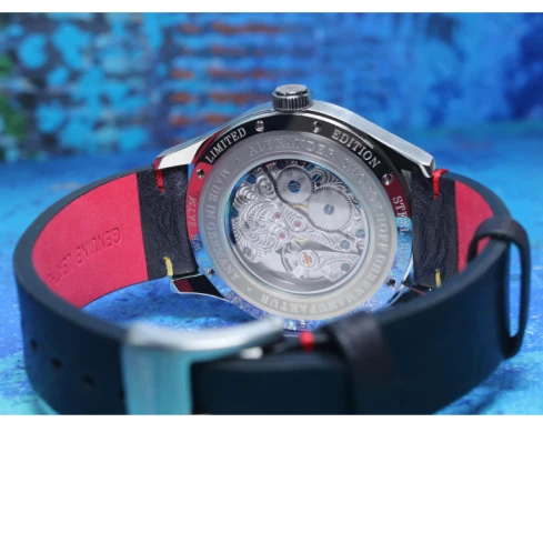 Мъжки ръчен часовник с механичен механизъм - корпус от Стомана - Естествена кожа - цвят Син