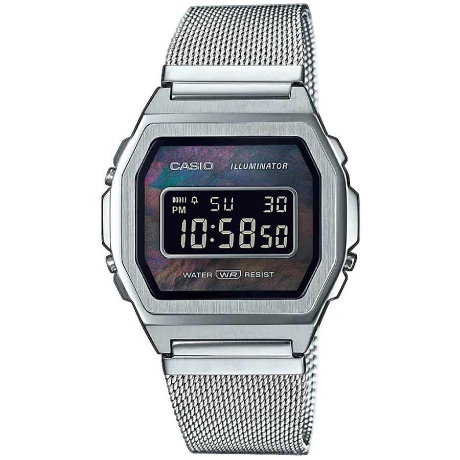 Casio A1000M-1BEF Vintage - Дамски ръчен часовник с кварцов механизъм - корпус Полимер - Стоманена верижка - Черен Сив
