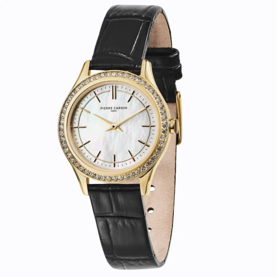 Дамски ръчен часовник с кварцов механизъм - корпус от Стомана - Естествена кожа - цвят Седеф Черен