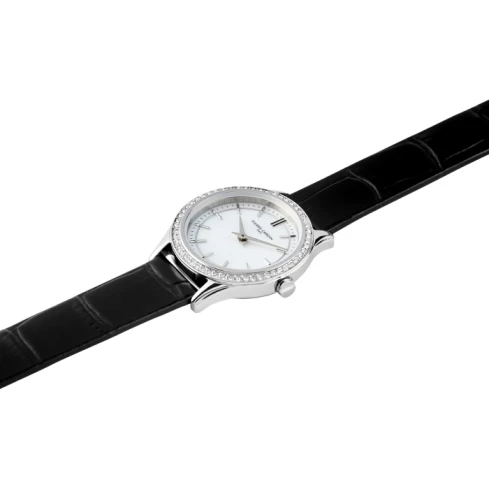 Дамски ръчен часовник с кварцов механизъм - корпус от Стомана - Естествена кожа - цвят Седеф Черен