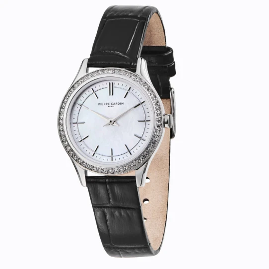 Дамски ръчен часовник с кварцов механизъм - корпус от Стомана - Естествена кожа - цвят Седеф Черен