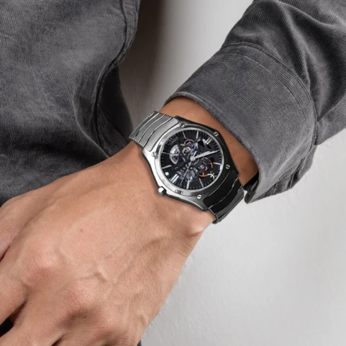 Мъжки ръчен часовник с автоматичен механизъм - корпус от Стомана - Стоманена верижка - цвят Скелетон Сив