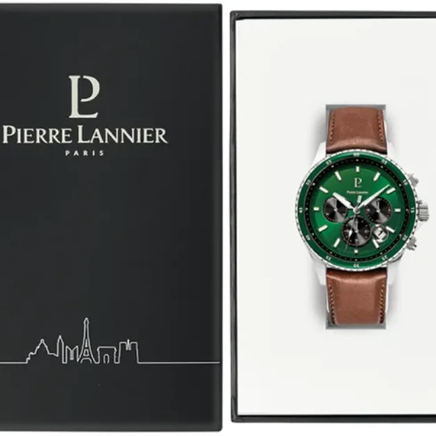 Мъжки ръчен часовник с кварцов механизъм - корпус от Стомана - Естествена кожа - цвят Зелен Кафяв