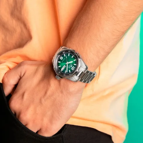 Мъжки ръчен часовник с автоматичен механизъм - корпус от Стомана - Стоманена верижка - цвят Зелен Сив