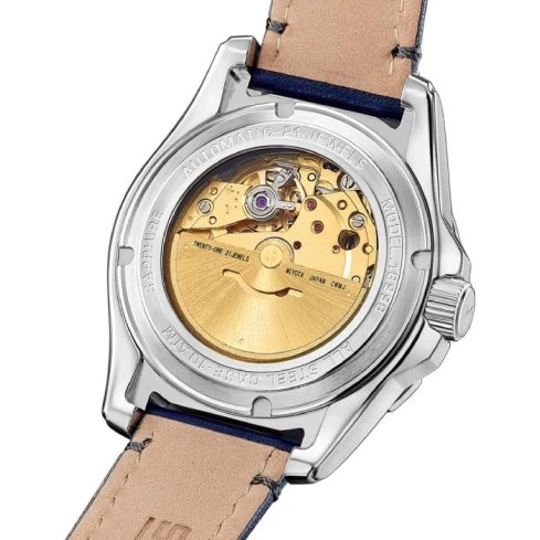 Мъжки ръчен часовник с автоматичен механизъм - корпус от Стомана - Естествена кожа - цвят Син Син