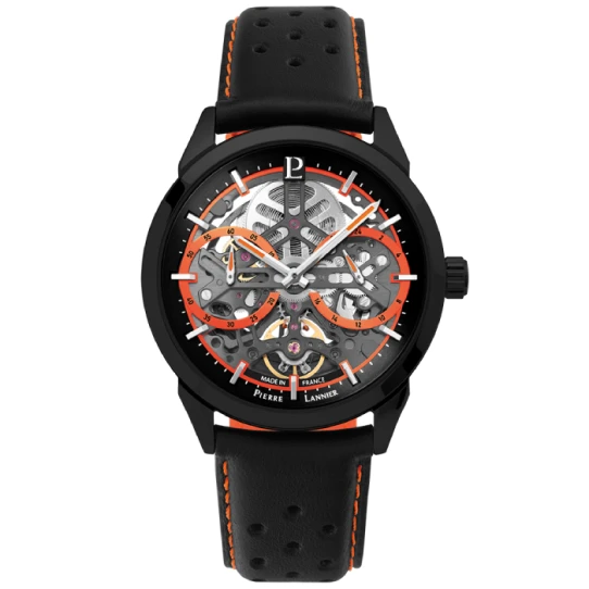 Мъжки ръчен часовник с автоматичен механизъм - корпус от Стомана - Естествена кожа - цвят Скелетон Оранжев