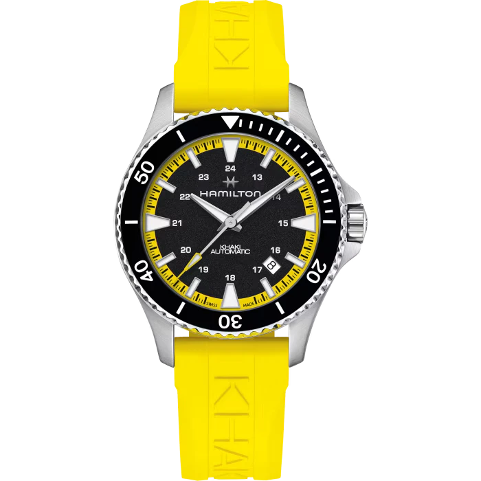 Hamilton H82395332 Khaki Navy Scuba Auto - Мъжки ръчен часовник с автоматичен механизъм - корпус Стомана - Каучук - Черен Жълт