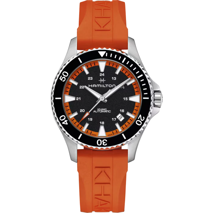 Hamilton H82395331 Khaki Navy Scuba Auto - Мъжки ръчен часовник с автоматичен механизъм - корпус Стомана - Каучук - Черен Оранжев