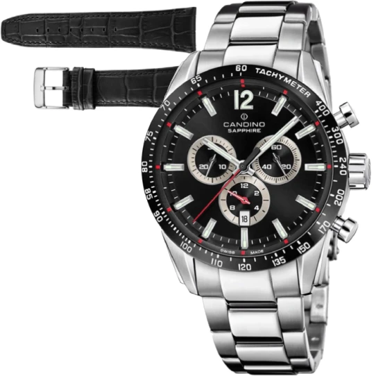 Мъжки ръчен часовник с кварцов механизъм - корпус от Стомана - Естествена кожа - цвят Черен Червен