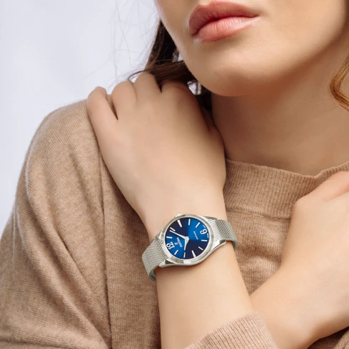 Дамски ръчен часовник с кварцов механизъм - корпус от Стомана - Меш - цвят Син