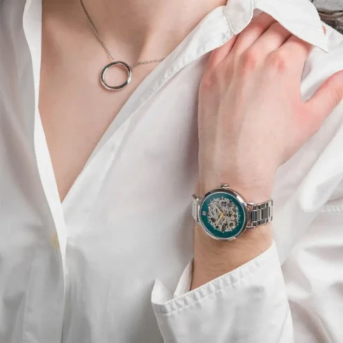 Дамски ръчен часовник с автоматичен механизъм - корпус от Стомана - Стоманена верижка - цвят Скелетон Зелен