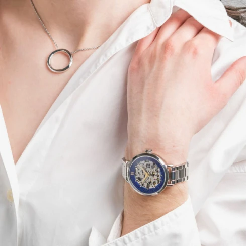 Дамски ръчен часовник с автоматичен механизъм - корпус от Стомана - Стоманена верижка - цвят Скелетон Син