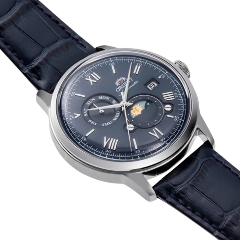 Мъжки ръчен часовник с автоматичен механизъм - корпус от Стомана - Естествена кожа - цвят Син