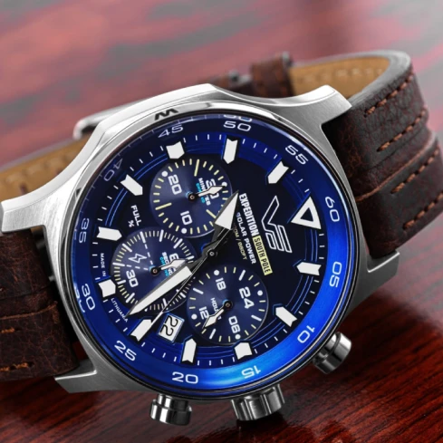 Мъжки ръчен часовник с кварцов механизъм - корпус от Стомана - Естествена кожа - цвят Син