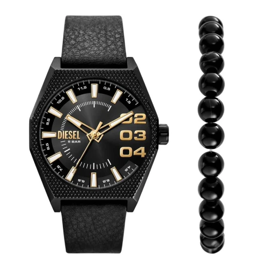 Мъжки ръчен часовник с кварцов механизъм - корпус от Стомана - Естествена кожа - цвят Черен