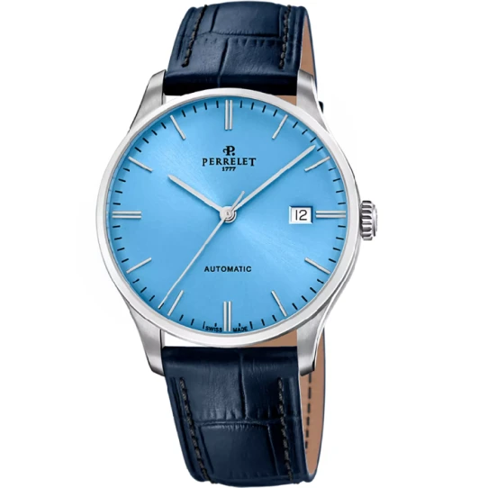 Мъжки ръчен часовник с автоматичен механизъм - корпус от Стомана - Естествена кожа - цвят Син