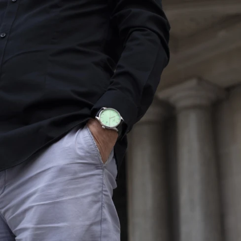 Мъжки ръчен часовник с автоматичен механизъм - корпус от Стомана - Естествена кожа - цвят Зелен