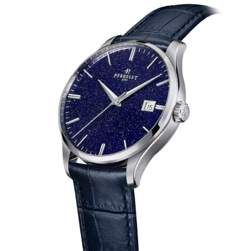 Мъжки ръчен часовник с автоматичен механизъм - корпус от Стомана - Естествена кожа - цвят Син