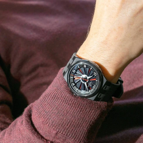 Мъжки ръчен часовник с автоматичен механизъм - Естествена кожа - цвят Черен Червен