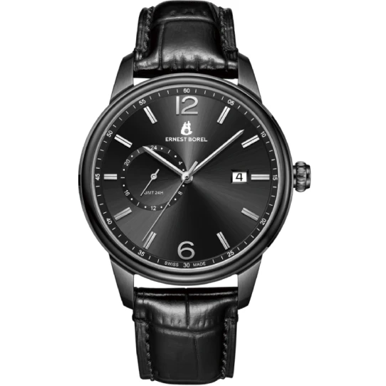 Мъжки ръчен часовник с кварцов механизъм - корпус от Стомана - Естествена кожа - цвят Черен