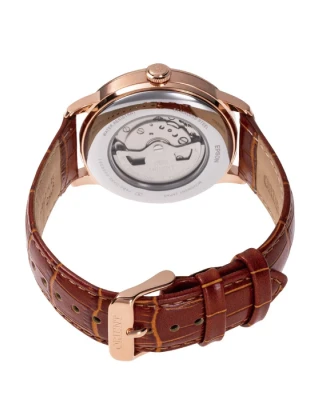 Мъжки ръчен часовник с автоматичен механизъм - корпус от Стомана - Естествена кожа - цвят Сив