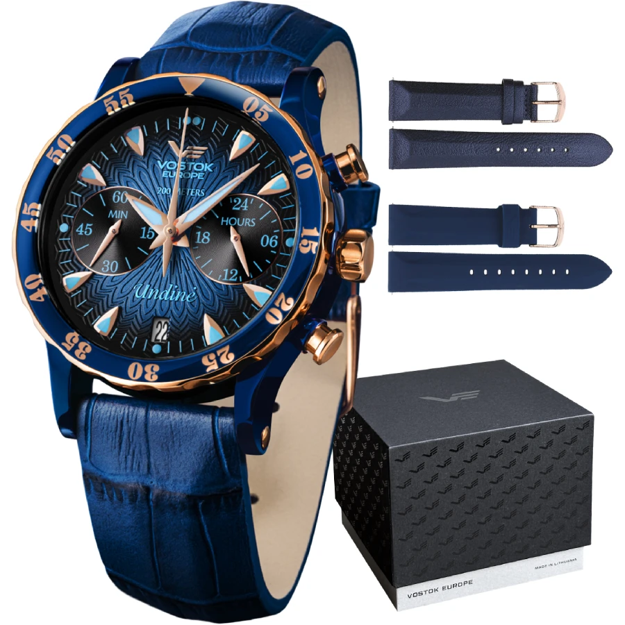 Дамски ръчен часовник с кварцов механизъм - корпус от Стомана - Естествена кожа - цвят Син