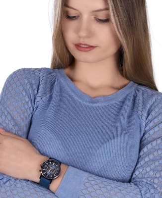 Дамски ръчен часовник с кварцов механизъм - корпус от Стомана - Естествена кожа - цвят Син