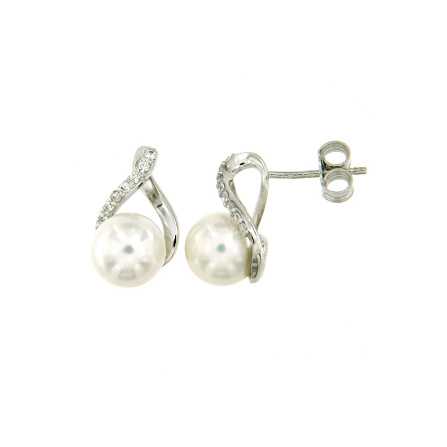 Унисекс обеци от 14K Злато Бяло - с форма - Перла