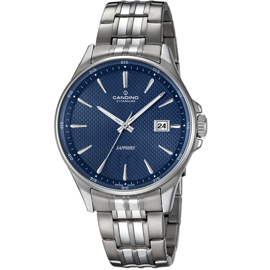 Мъжки ръчен часовник с кварцов механизъм - корпус от Титан - Титаниева верижка - цвят Син