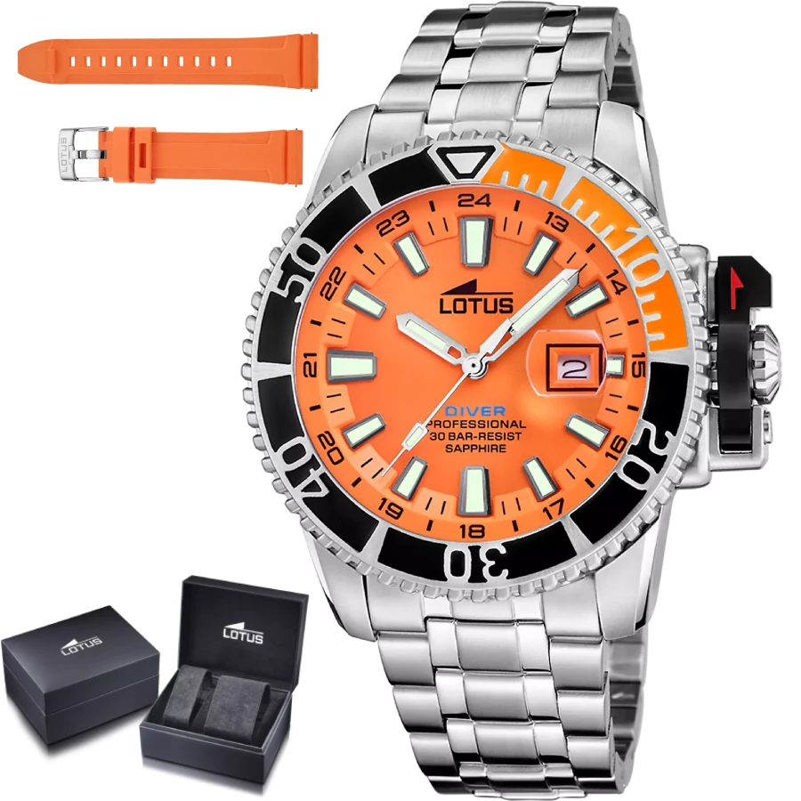 Lotus 18938/2 Diver Professional - Мъжки ръчен часовник с кварцов механизъм - корпус Стомана - Стоманена верижка - Оранжев
