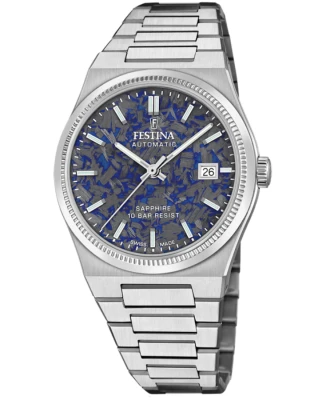 Festina Swiss F20028/A Swiss Made - Мъжки ръчен часовник с автоматичен механизъм - корпус от Стомана - Стоманена верижка - цвят Син Сив