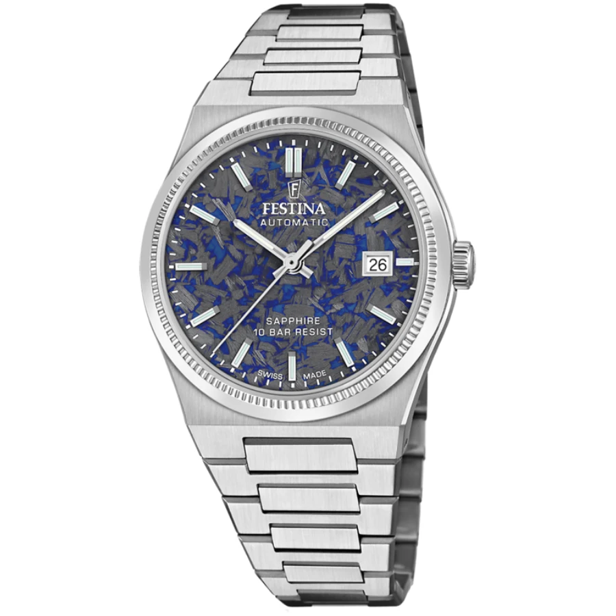 Festina Swiss F20028/A Swiss Made - Мъжки ръчен часовник с автоматичен механизъм - корпус Стомана - Стоманена верижка - Син Сив