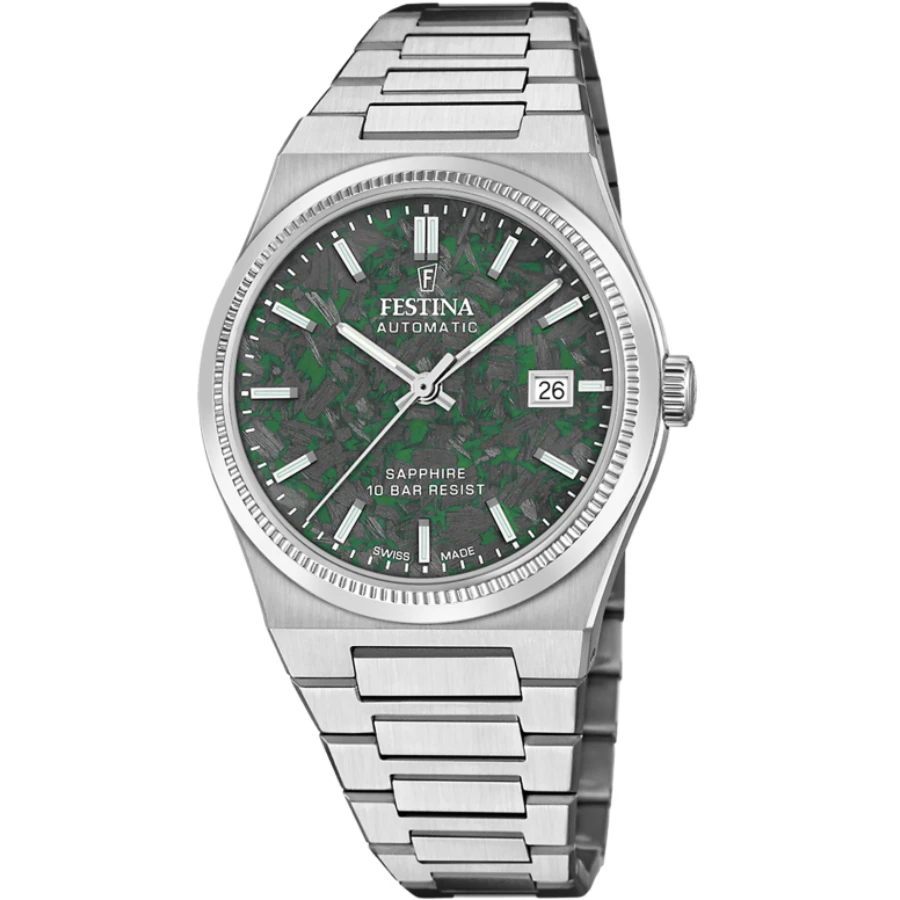 Festina Swiss F20028/B Swiss Made - Мъжки ръчен часовник с автоматичен механизъм - корпус Стомана - Стоманена верижка - Зелен Сив