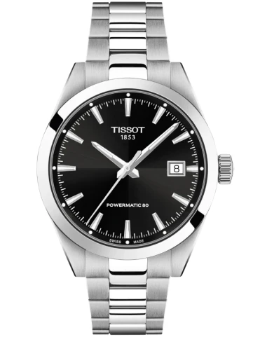 Tissot T165.807.11.051.00 Gentleman Powermatic 80 - Мъжки ръчен часовник с автоматичен механизъм - корпус Стомана - Стоманена верижка - Черен