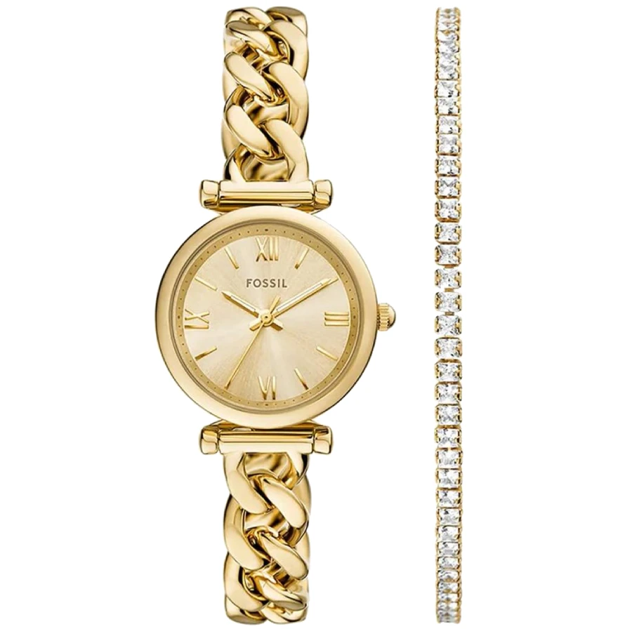 Fossil ES5387SET Carlie - Унисекс ръчен часовник с кварцов механизъм - корпус от Стомана - Стоманена верижка - цвят Злато