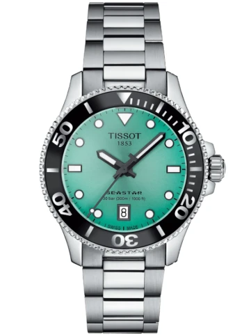 Tissot T120.210.11.091.00 Seastar 1000 36mm - Унисекс ръчен часовник с кварцов механизъм - корпус Стомана - Стоманена верижка - Зелен Сив