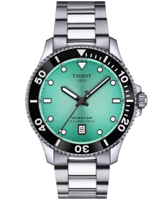 Tissot T120.410.11.091.00 Seastar 1000 40mm - Унисекс ръчен часовник с кварцов механизъм - корпус от Стомана - Стоманена верижка - цвят Зелен Сив