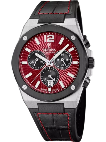 Festina Swiss F22003/5 Swiss Made - Мъжки ръчен часовник с кварцов механизъм - корпус Стомана - Естествена кожа - Червен