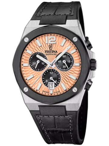 Festina Swiss F22003/6 Swiss Made - Мъжки ръчен часовник с кварцов механизъм - корпус Стомана - Естествена кожа - Оранжев