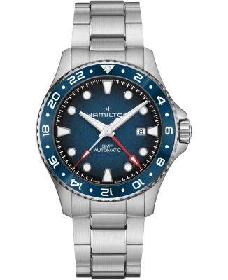 Hamilton H82535140 Khaki Navy Scuba Auto GMT 43 mm - Мъжки ръчен часовник с автоматичен механизъм - корпус от Стомана - Стомана - цвят Син