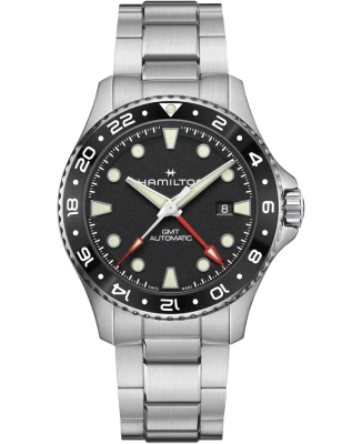 Hamilton H82555130 Khaki Navy Scuba Auto GMT 43 mm - Мъжки ръчен часовник с автоматичен механизъм - корпус от Стомана - Стомана - цвят Черен