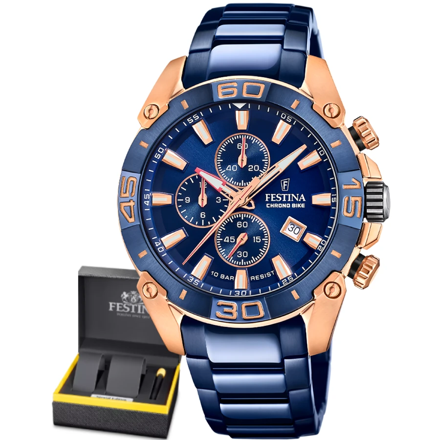 Festina F20711/1 Chrono Bike - Унисекс ръчен часовник с кварцов механизъм - корпус от Стомана - Стоманена верижка - цвят Син