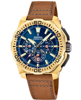 Festina F20728/1 Chrono Bike - Мъжки ръчен часовник с кварцов механизъм - корпус от Стомана - Естествена кожа - цвят Син
