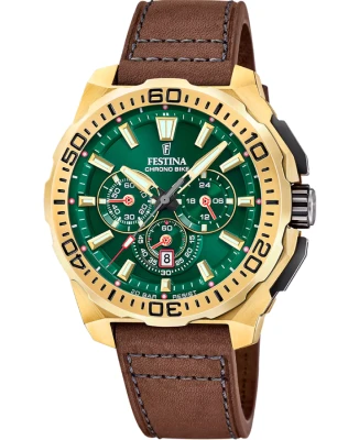 Festina F20728/2 Chrono Bike - Мъжки ръчен часовник с кварцов механизъм - корпус от Стомана - Естествена кожа - цвят Зелен