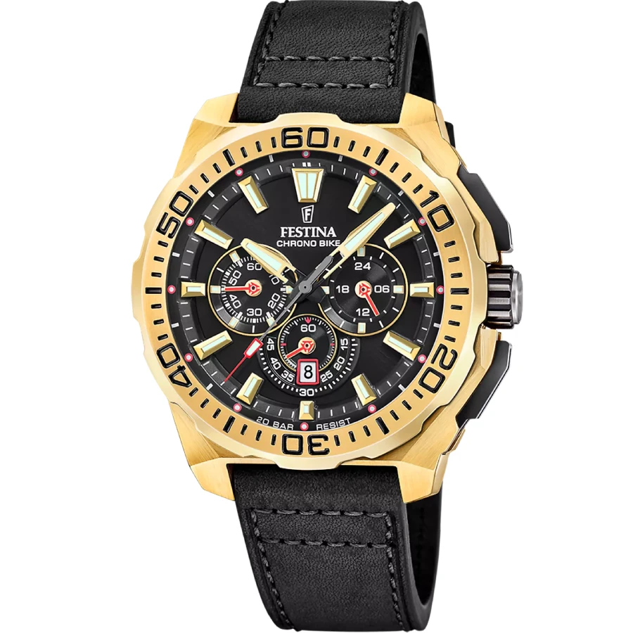 Festina F20728/3 Chrono Bike - Мъжки ръчен часовник с кварцов механизъм - корпус от Стомана - Естествена кожа - цвят Черен