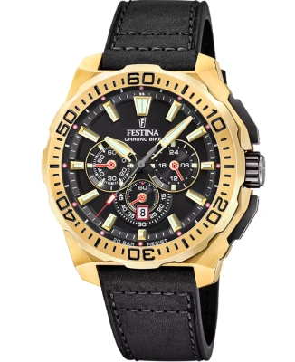 Festina F20728/3 Chrono Bike - Мъжки ръчен часовник с кварцов механизъм - корпус от Стомана - Естествена кожа - цвят Черен