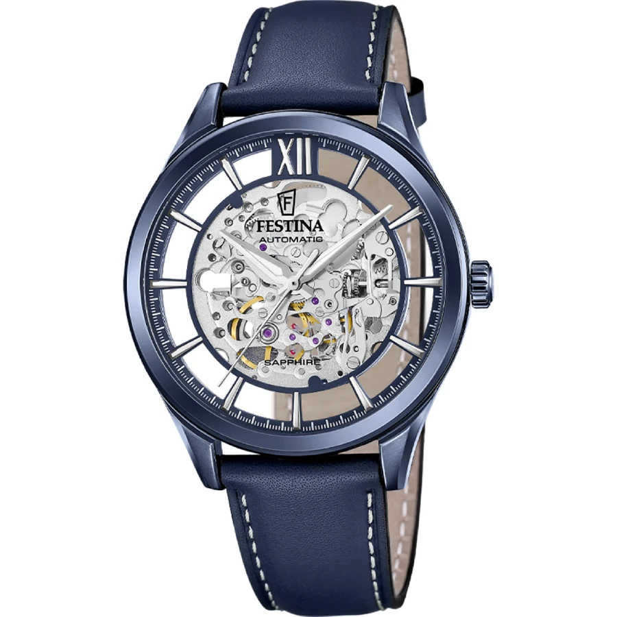 Festina F20795/1 Automatic - Мъжки ръчен часовник с автоматичен механизъм - корпус Стомана - Естествена кожа - Скелетон
