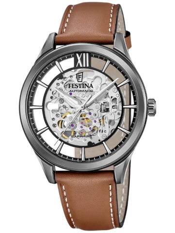 Festina F20794/1 Automatic - Мъжки ръчен часовник с автоматичен механизъм - корпус Стомана - Естествена кожа - Скелетон